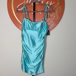 Honey and Rosie Tie Spaghetti Strap Empire-Waist Ruched Shiny Satin Mini Dress